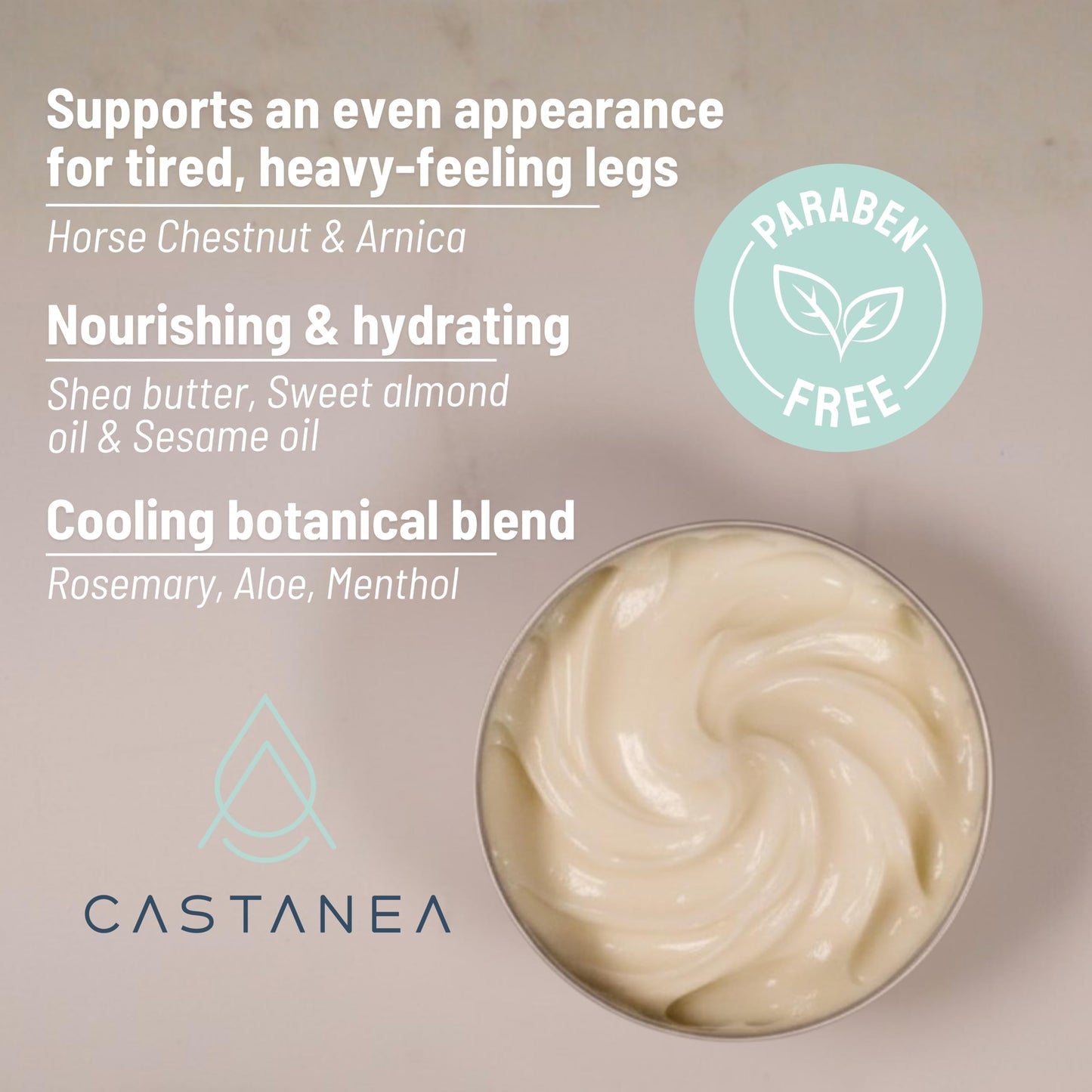 CASTANEA Advanced Moisturizing and Hydrating Leg Cream with Horse Chestnut & Arnica for Tired Legs, Cooling Relief, Fast-Absorbing Formula 7.05 oz