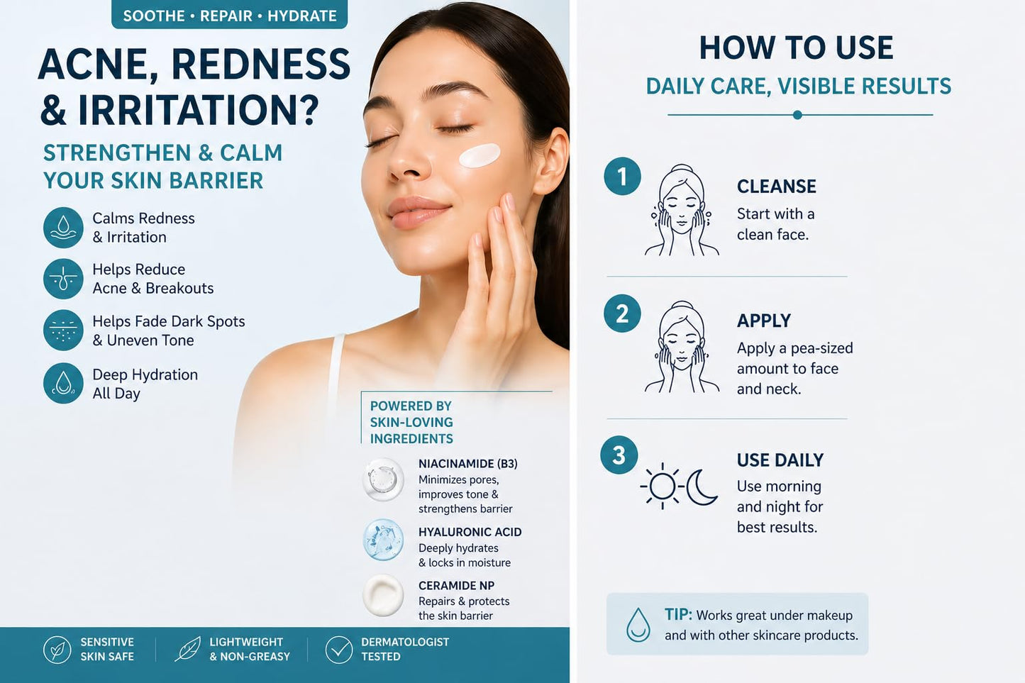 GlowTechHaven 345 Relief Cream | Korean Niacinamide Moisturizer with Hyaluronic Acid & Ceramides | Barrier Repair Gel Cream for Acne, Redness & Sensitive Skin | 1.69oz