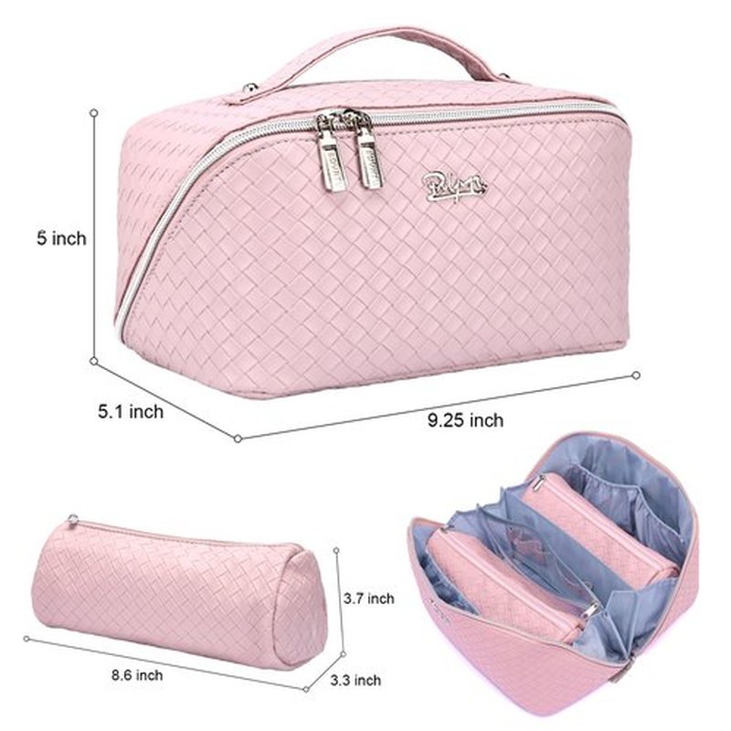 Travel Makeup Bags Cosmetic Organizer Bag: Large Capacity Make up Bag Set of 3 - Vegan Leather Toiletry Bag for Women - Portable Makeup Organizer with Compartments & Handle & Divider (1 Violet)