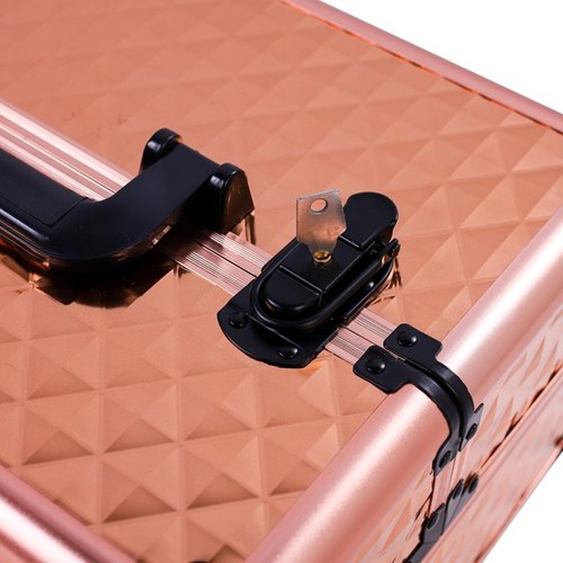 4 in 1 Rolling Makeup Train Case, Professional Aluminum Makeup Travel Organizer Cosmetic Case, Cosmetology Caboodle Case on 360° Wheels, Beauty Storage Luggage Lockable(Rose Gold)