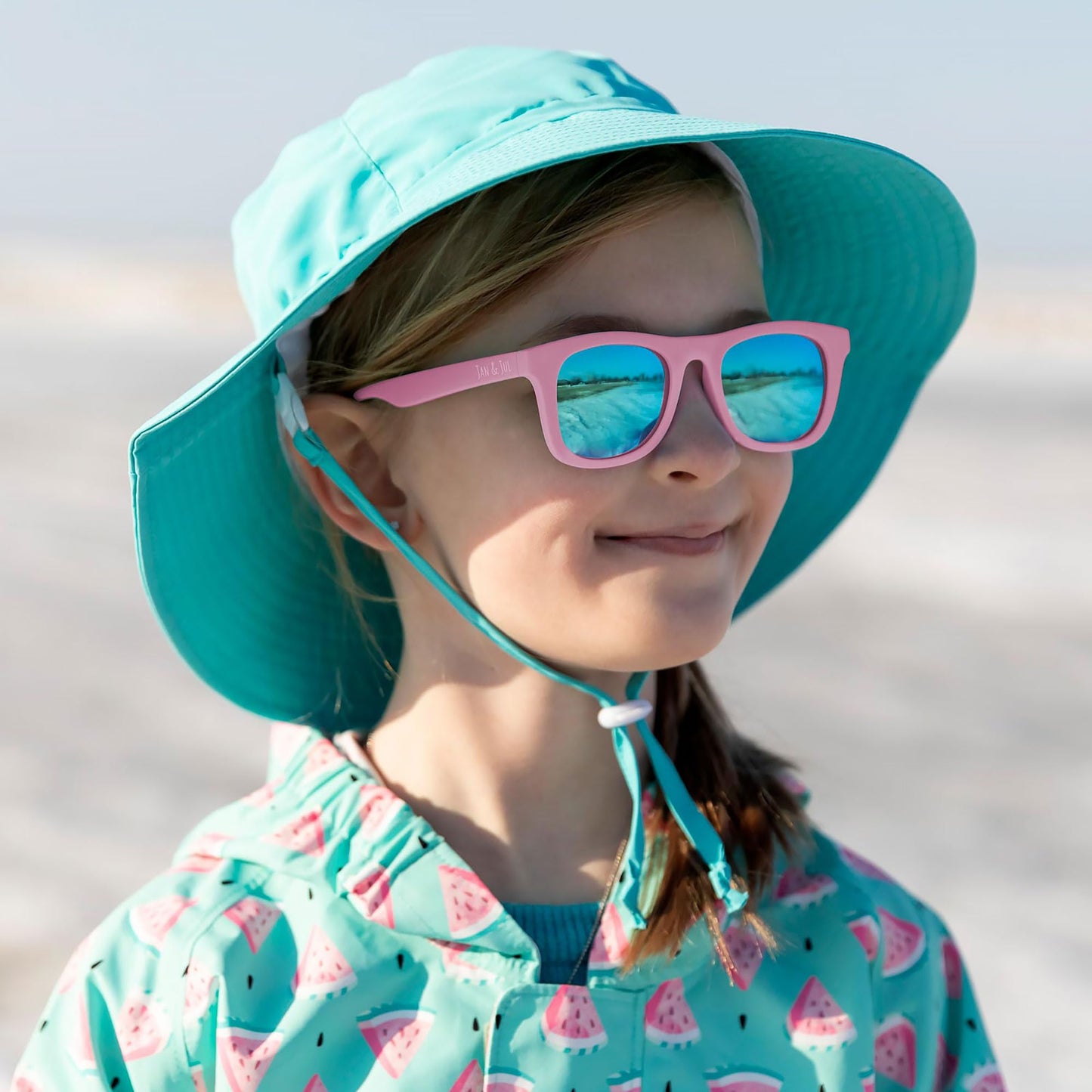 JAN & JUL Baby Girl Sunglasses with Strap, Flexible Soft Frames, Mirrored UV400 Lenses (S: 6 Months-2 Years, Peachy Pink Aurora)