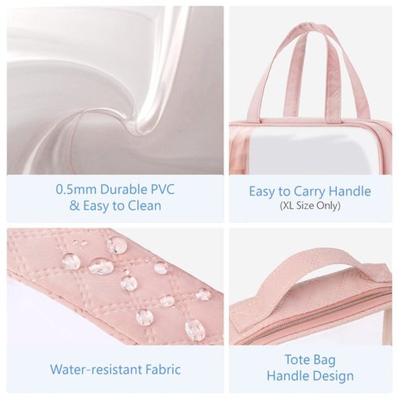 PACKISM Clear Toiletry Bags, 3 Pack Clear Makeup Bags with Handle Large Opening, Waterproof Clear Cosmetic Bags Fit Carry-on Travel Essentials, Travel Accessories Clear Travel Bags, Pink