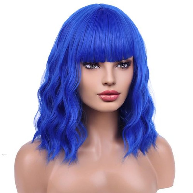 BERON 14 Inches Dark Blue Wig Short Curly Wig Women Girl's Synthetic Wig Blue Wig with Bangs Wig Cap Included