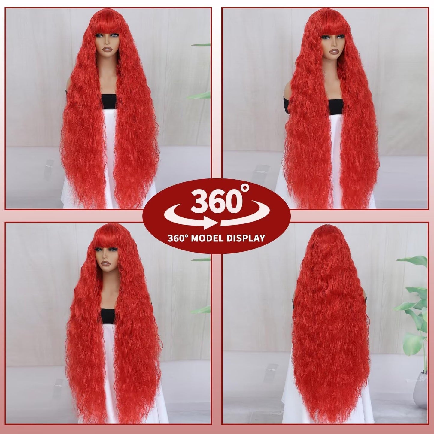 Aliesencia 40 Inch Long Curly Synthetic Wig with Bangs Long Wavy Wig for Women Natural Style Wig Bounce Fluffy Wig Red Cosplay Wig for Halloween Heat Resistant Wig for Party Daily Use(Red)