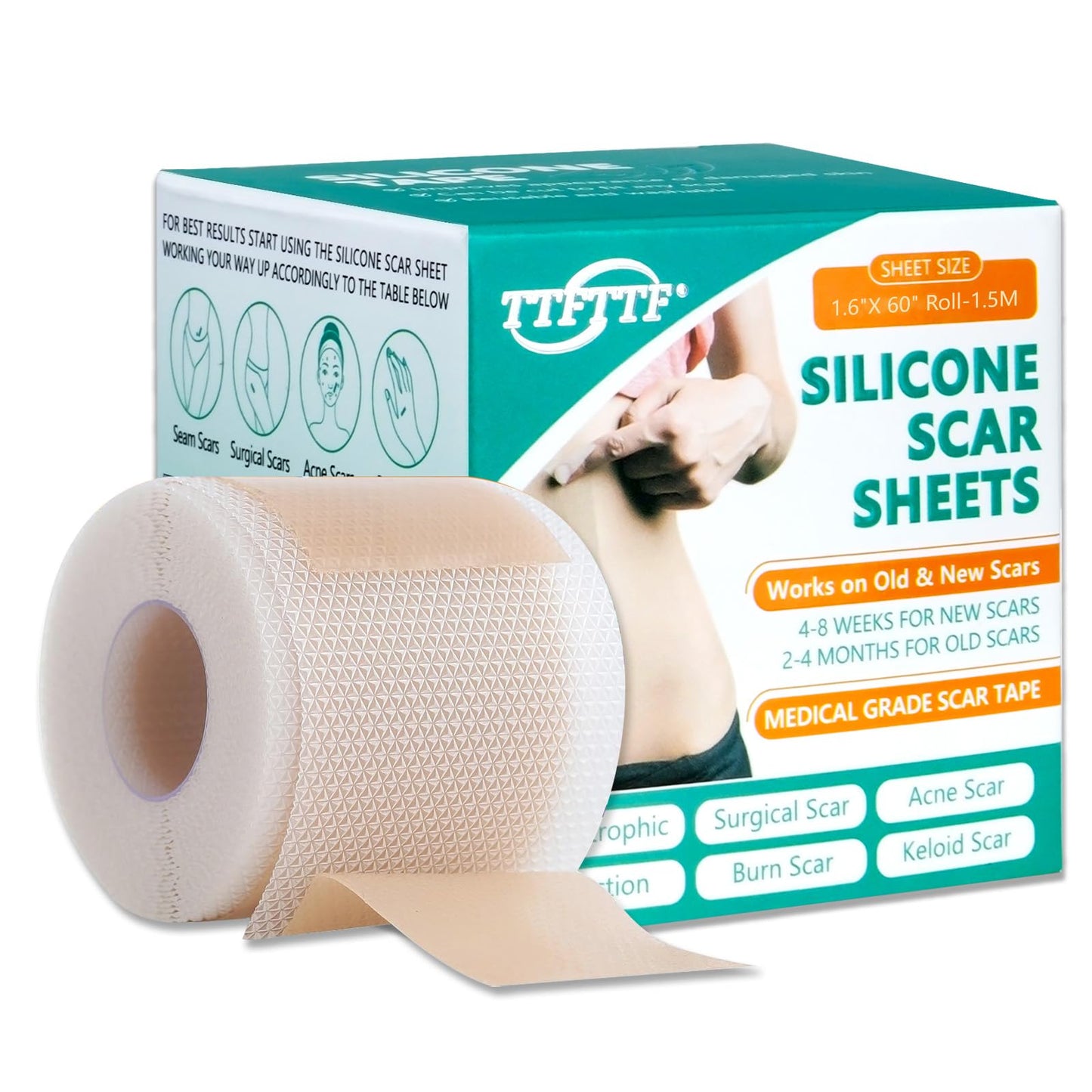 Silicone Scar Tape, Silicone Scar Sheets(1.6"X 60" Roll-1.5M), Silicone Scar Sheets for Face, Reusable Medical Grade Silicone Tape for Scars, C-Section, Keloid, Acne, Tummy Tuck, Surgical Scars, Light