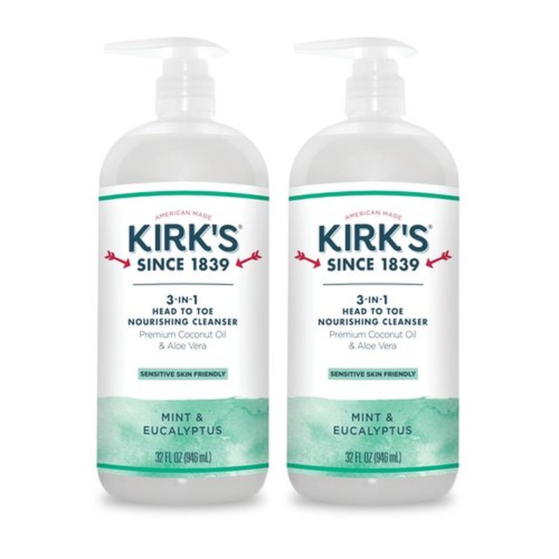 Kirk's 3-in-1 Liquid Soap Head-to-Toe Shampoo, Face Soap & Body Wash for Men, Women & Children | Mint & Eucalyptus Scent | 32 Fl Oz. - 2 Pack