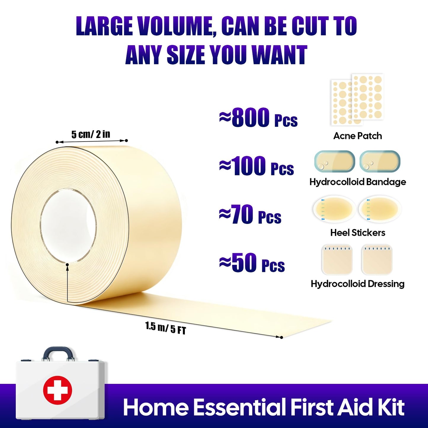 Hydrocolloid Roll for Wound Care, Medical-Grade Absorbent Pimple Patch Roll, Hydrocolloid Bandages with Self-Adhesive, Waterproof, DIY Size & Shape First Aid Kit Essential(2in*4.8ft)