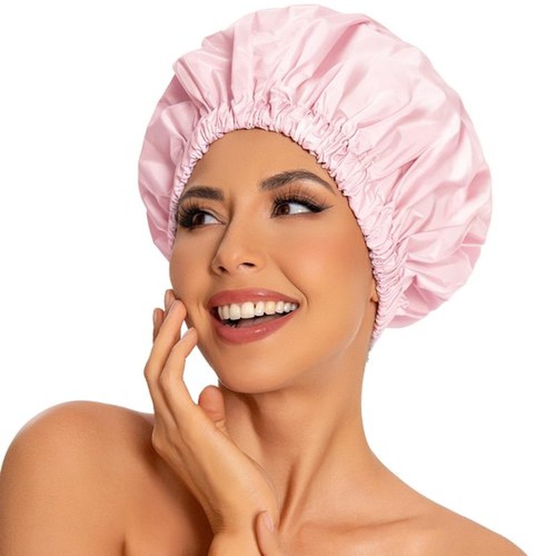 Reusable Shower Cap for Women, Large Waterproof Shower Bonnet Washable Elastic Band Bath Hair Hat for Long Hair, Braids(Pink)
