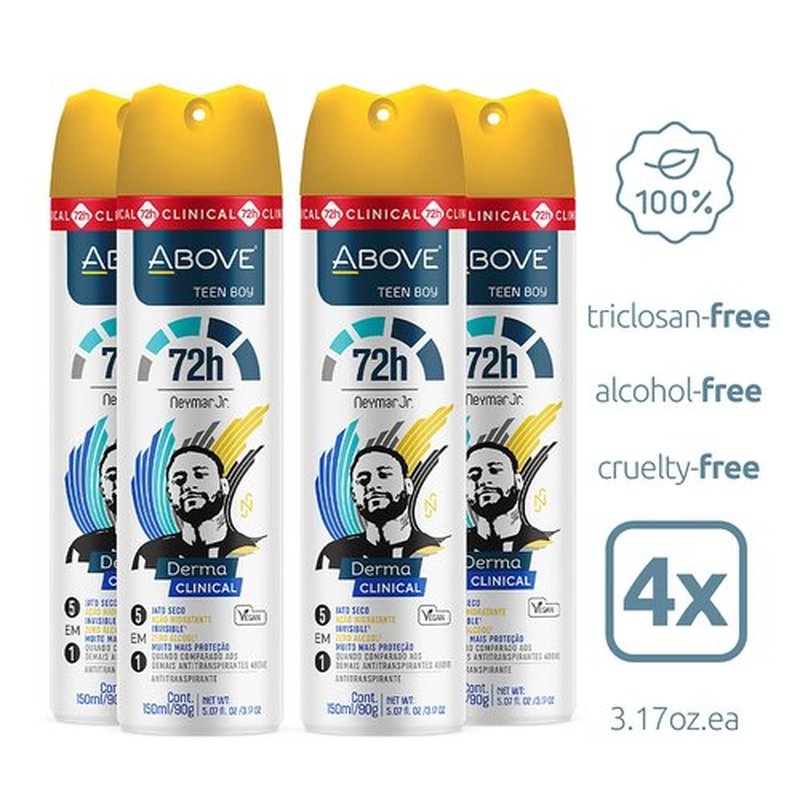 ABOVE 72 Hours Derma Clinical Antiperspirant Deodorant, Neymar Jr Teen Boy, 4 Pcs - Deodorant for Teens - Patchouli and Oak Musk Notes - Dry Spray