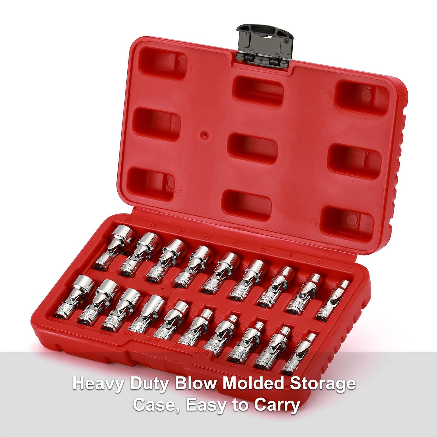 CASOMAN 19PCS 1/4" Drive Universal Joint Socket Set, Metric(5mm to 15mm) & SAE(3/16" to 9/16"), Flexible Wobble Sockets for Easier Access to Tight Spaces, 6-Point, Cr-V