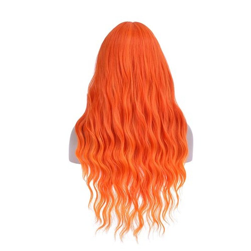 MAGQOO Orange Ombre Flame Fire Wig with Bangs Long Curly Wavy Orange Ombre Hair Wig for Women Girls Synthetic Heat Resistant Cosplay Costume Party Wig Wig Cap Included (Orange Fire)