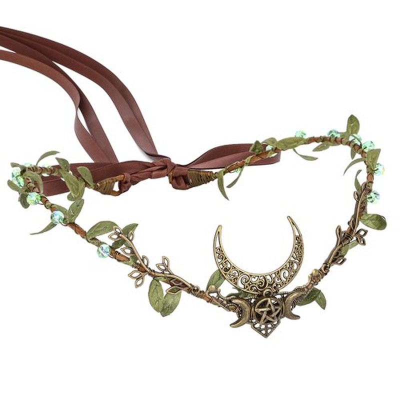 MOSTORY Handmade Moon Elf Crown - Elven Circlet Woodland Forest Headpiece Fairy Goddess Tiara Medieval Queen Accessory for Women Girls Halloween Cosplay Renaissance Accessory Green