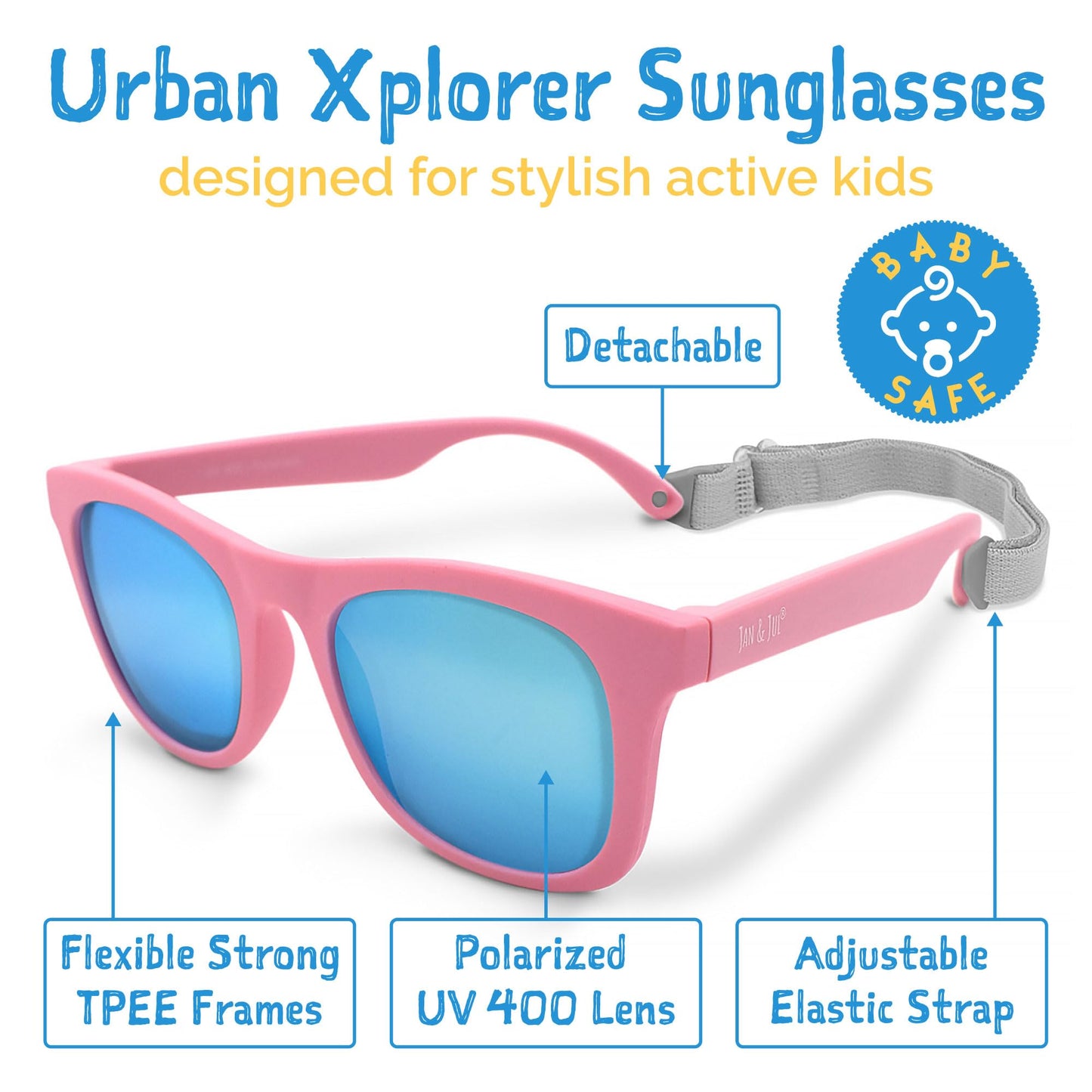 JAN & JUL Baby Girl Sunglasses with Strap, Flexible Soft Frames, Mirrored UV400 Lenses (S: 6 Months-2 Years, Peachy Pink Aurora)
