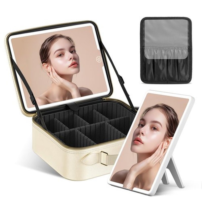 JUSRON Travel Makeup Bag With LED Mirror, Cosmetic Train Case with Light up Mirror, Portable Makeup Artist Organizer Bag with Adjustable Dividers, Makeup Brush Holder Storage (White, Medium)