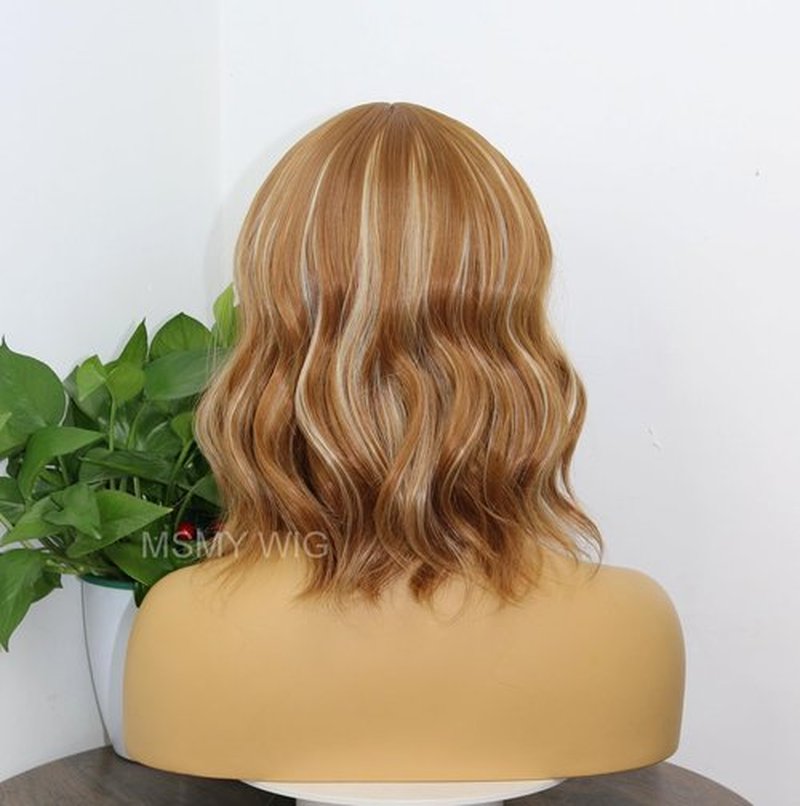 MSMYRNS Short Wavy Curly Bob Wig with Bangs Ginger Brown Mixed 613 Blonde Highlights Color Glueless Heat Resistant Synthetic Wig Full Wig For Women Girls Fashion 14 Inch