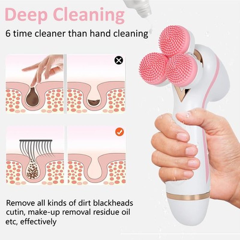 Facial Cleansing Brush, 3 in 1 Face Scrubber Rechargable Waterproof Electric Spin Cleanser with 3 Brush Heads, Electric Face Wash Brush for Exfoliating, Deep Cleansing and Massaging (Pink)