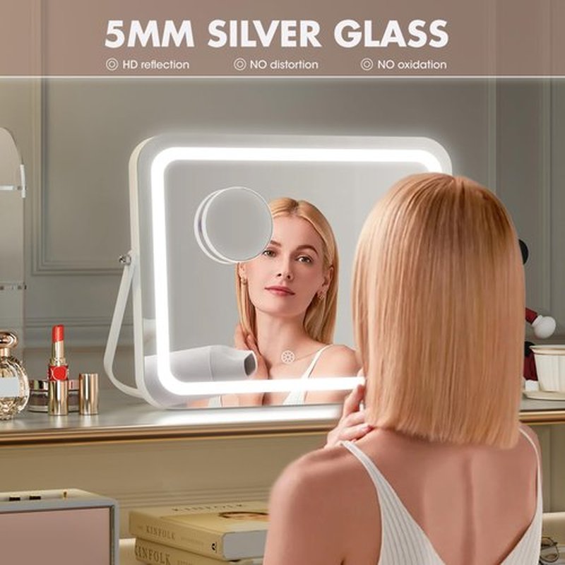 Hasipu Vanity Mirror with Lights, 18" x 14" LED Makeup Mirror, 3 Modes Light, Smart Touch Control Dimmable, 360°Rotation, Rounded Rectangle White Frame, with 5X Magnifying Glass