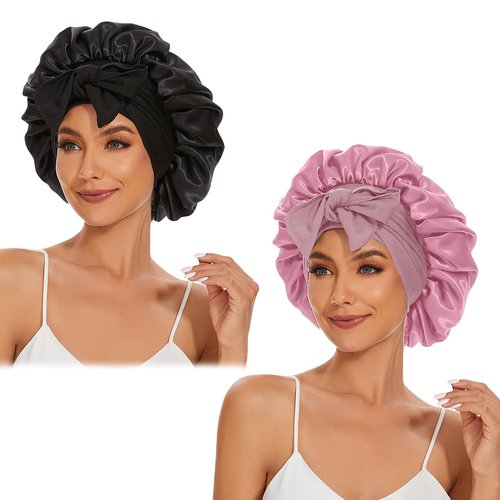 Satin Silk Bonnet Hair Bonnet for Sleeping Jumbo Sleep Cap, Black Bonnet for Women Curly Hair, Double Layer Bonnet with Tie Band Shower Cap