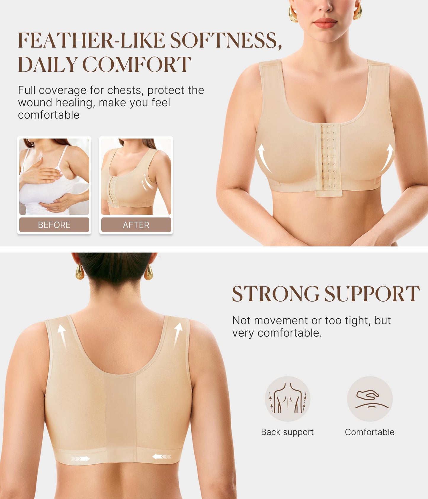 BRABIC Women Front Closure Post Surgery Compression Everyday Bras for Mastectomy Support with Adjustable Straps Wirefree
