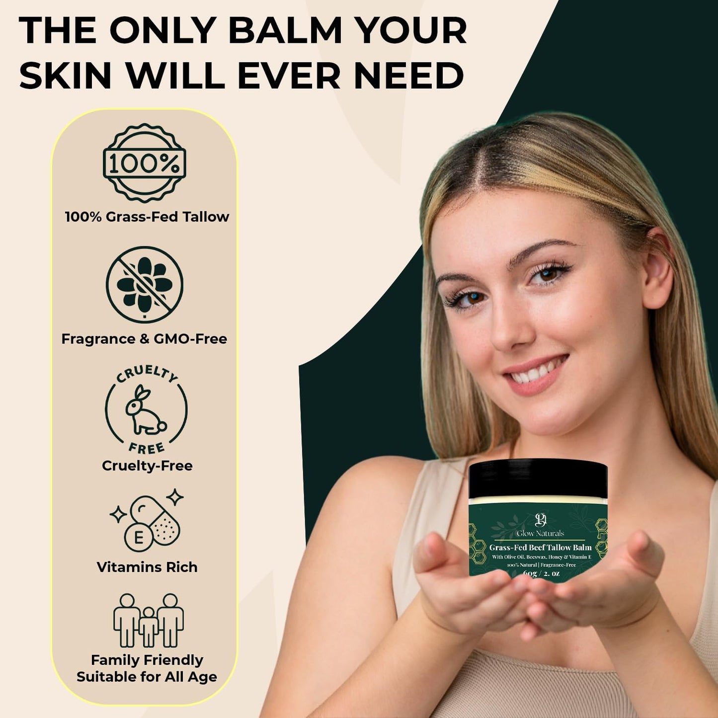 Glow Naturals Beef Tallow For Skin - 2 oz Fragrance Free Tallow And Honey Balm With Olive Oil, Beeswax & Vitamin E - Grass Fed Beef Tallow For Face, Body & Dry, Sensitive Skin