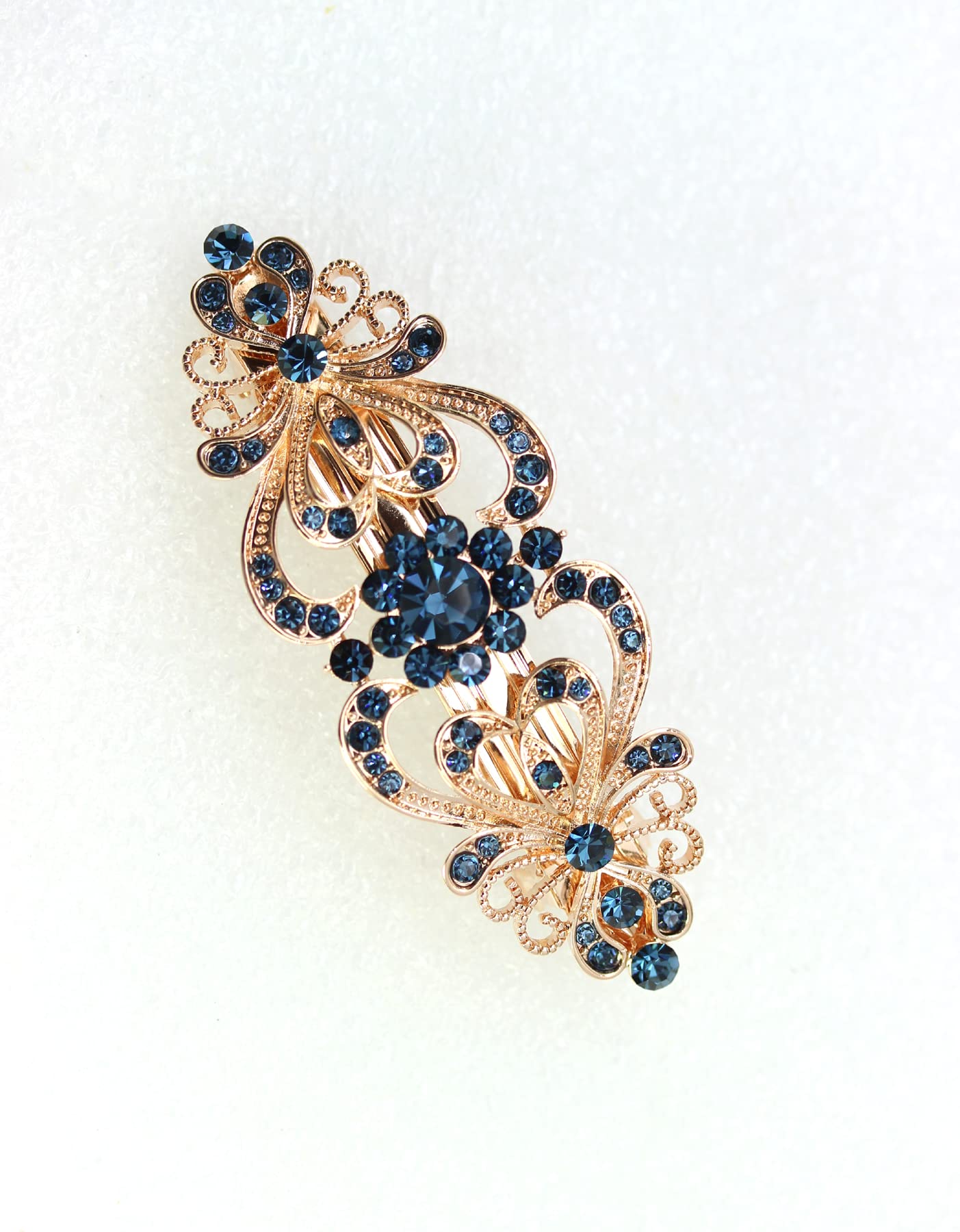Faship Gorgeous Navy Blue Rhinestone Crystal Hearts And Floral Hair Barrette