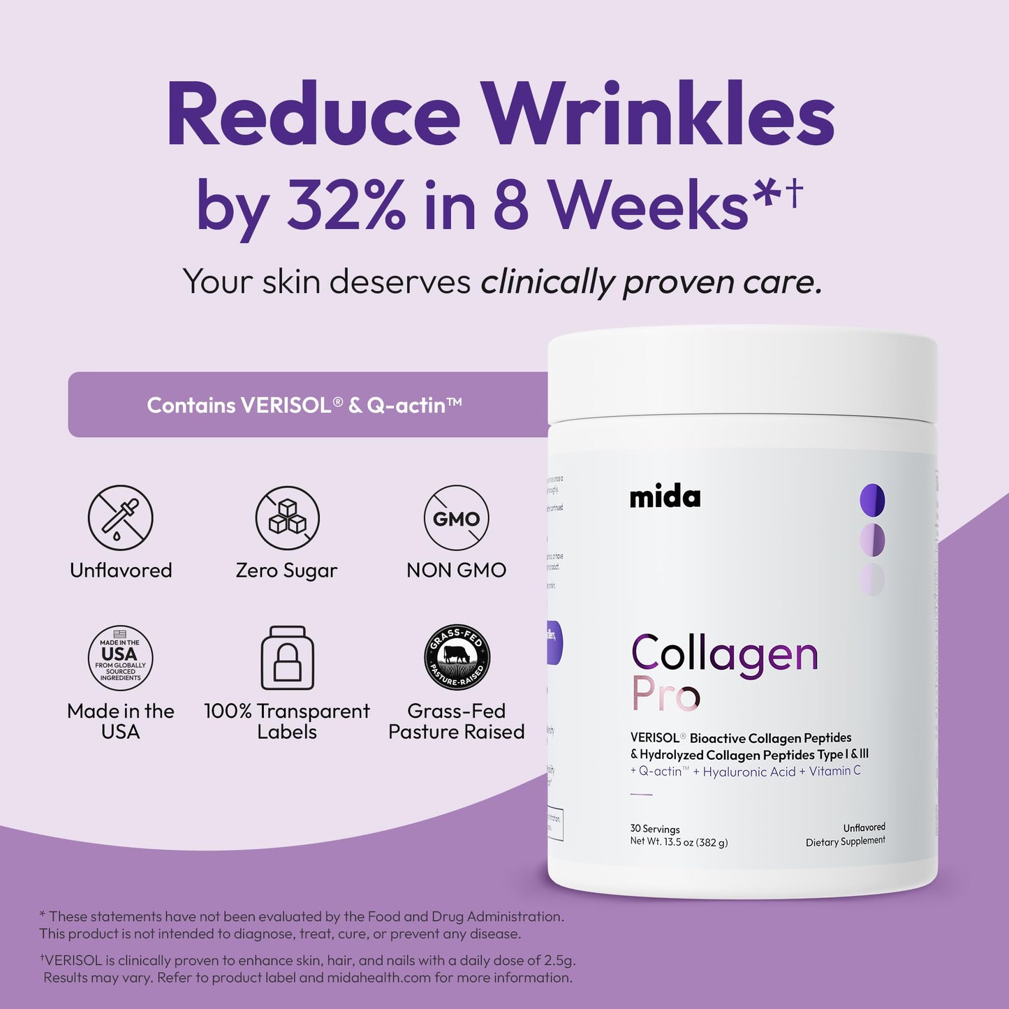 VERISOL® Hydrolyzed Collagen Peptides Type I & III with Vitamin C, Hyaluronic Acid, Biotin, Q-ACTIN® | Unflavored Powder for Smooth Skin, Thick Hair, Strong Nails & Joint Health | 30 Servings
