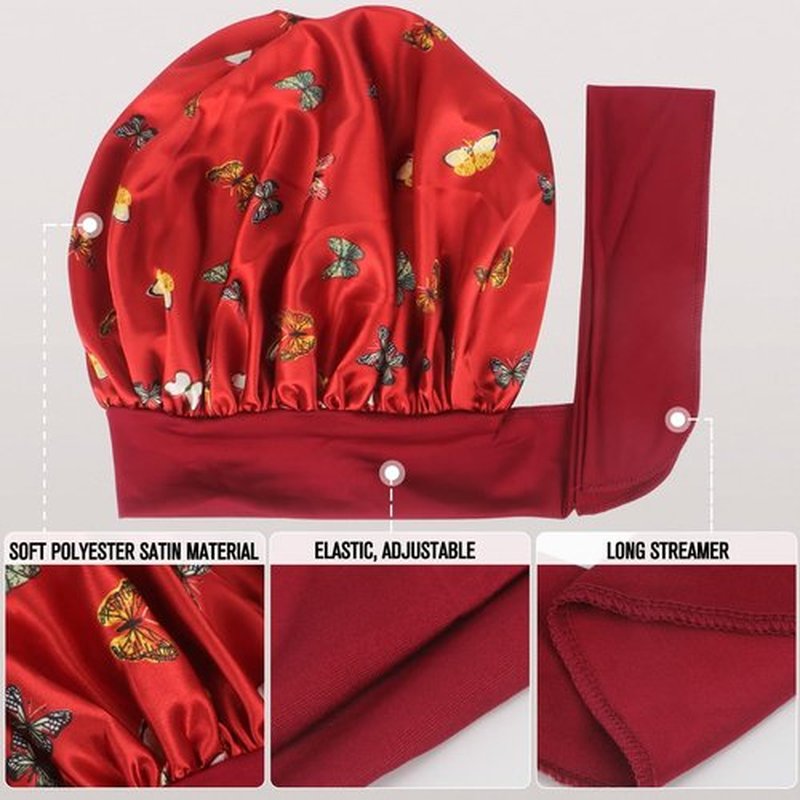 Arqumi Satin Silk Bonnet for Sleeping Women - 2 Pcs Large Long Strap Tie Band Adjustable Sleep Night Shower Cap Hair Bonnet Wrap for Men Reusable, Butterfly Pattern Black+Red