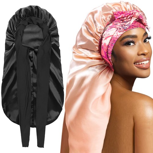 2Pack Bonnets for Black Women Braid Bonnet, Large Long Bonnet Satin Bonnet for Braids,Black Women Silk Bonnet with Stretchy Tie Band Braid Bonnet for Sleeping Extra Long (Black&Golden Pattern)