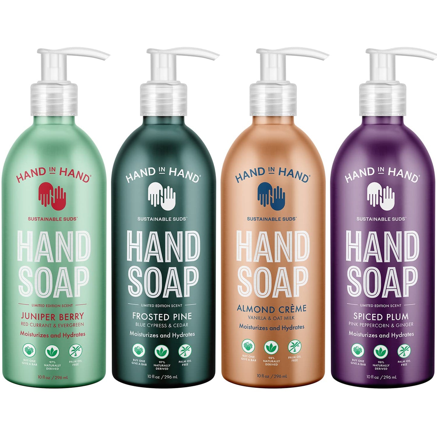 Hand in Hand Holiday Scented Hand Soap Combo Pack, 10 Oz., Juniper Berry, Frosted Pine, Almond Crème, and Spiced Plum, Pack of 4