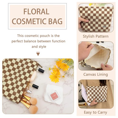 ZLFSRQ Checkered Makeup Bag for Women Girls Large Capacity Brown Corduroy Travel Cosmetic Bag Set Makeup Pouch for Purse Zipper Toiletry Organizer Cute Y2K Aesthetic Trendy Makeup Brushes Storage Bag