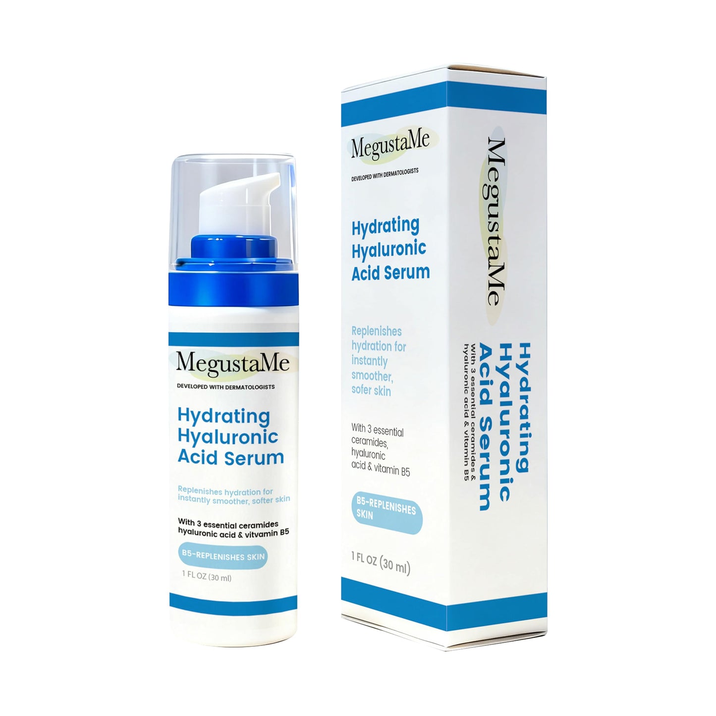 MegustaMe Hydrating Hyaluronic Acid Serum with 3 Ceramides, Vitamin B5 & Niacinamide - Paraben-Free, Replenishes Hydration for Smoother, Softer Skin - 1 Fl Oz (30ml)