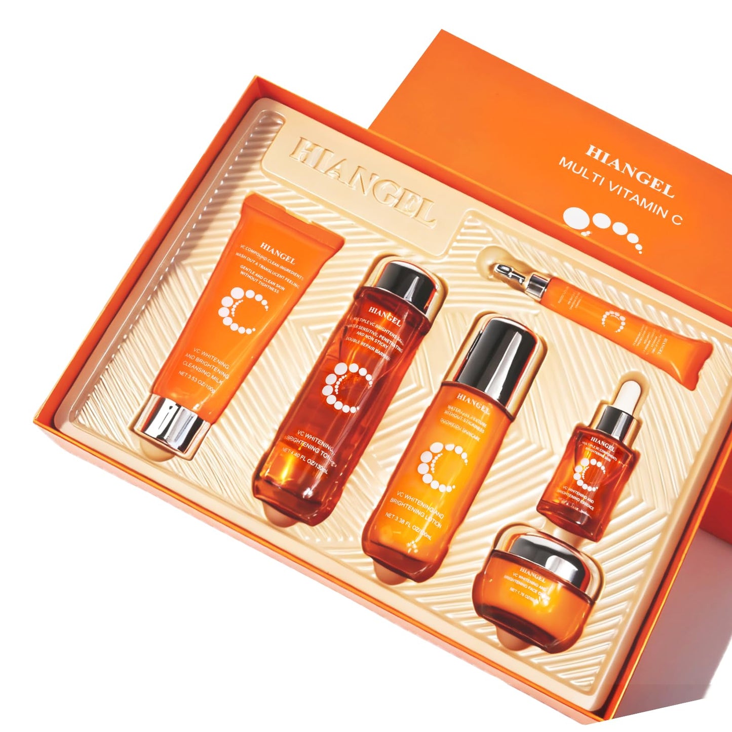 HIANGEL 6-Piece Vitamin C Skincare Set for Women, Brightening & Hydrating Face Care Routine Kit with Cleanser, Toner, Serum, Eye Cream, Lotion & Face Cream, Spa Beauty Gift Box