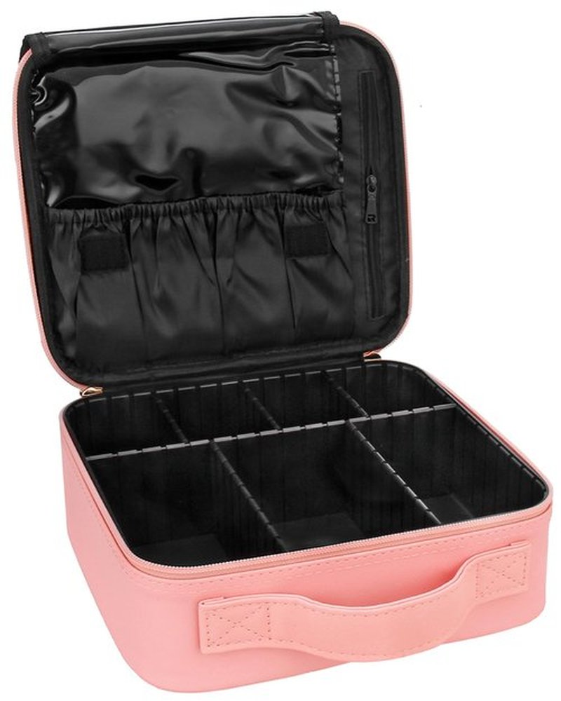 Relavel Travel Makeup Train Case Makeup Cosmetic Case Organizer Portable Artist Storage Bag with Adjustable Dividers for Cosmetics Makeup Brushes Toiletry Jewelry Digital (Pink with plastic dividers)