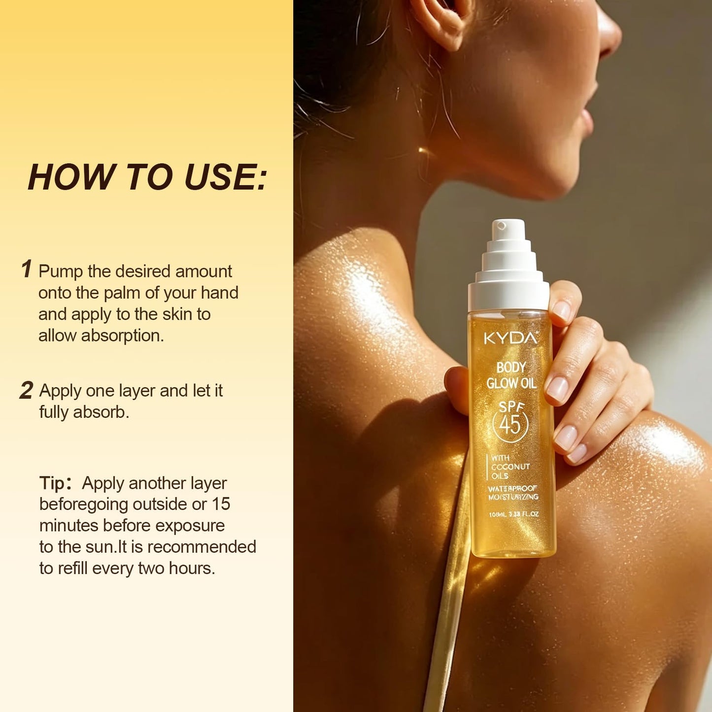 FREEORR SPF 45 Body Glow Oil, Travel Size Sunscreen Oil with Gold Mica, Moisturizing Coconuts Summer Sunscreen, Lightweight Sun-kissed Glow Skin Illuminator, Water Resistant, 3.38 fl oz, GOLD