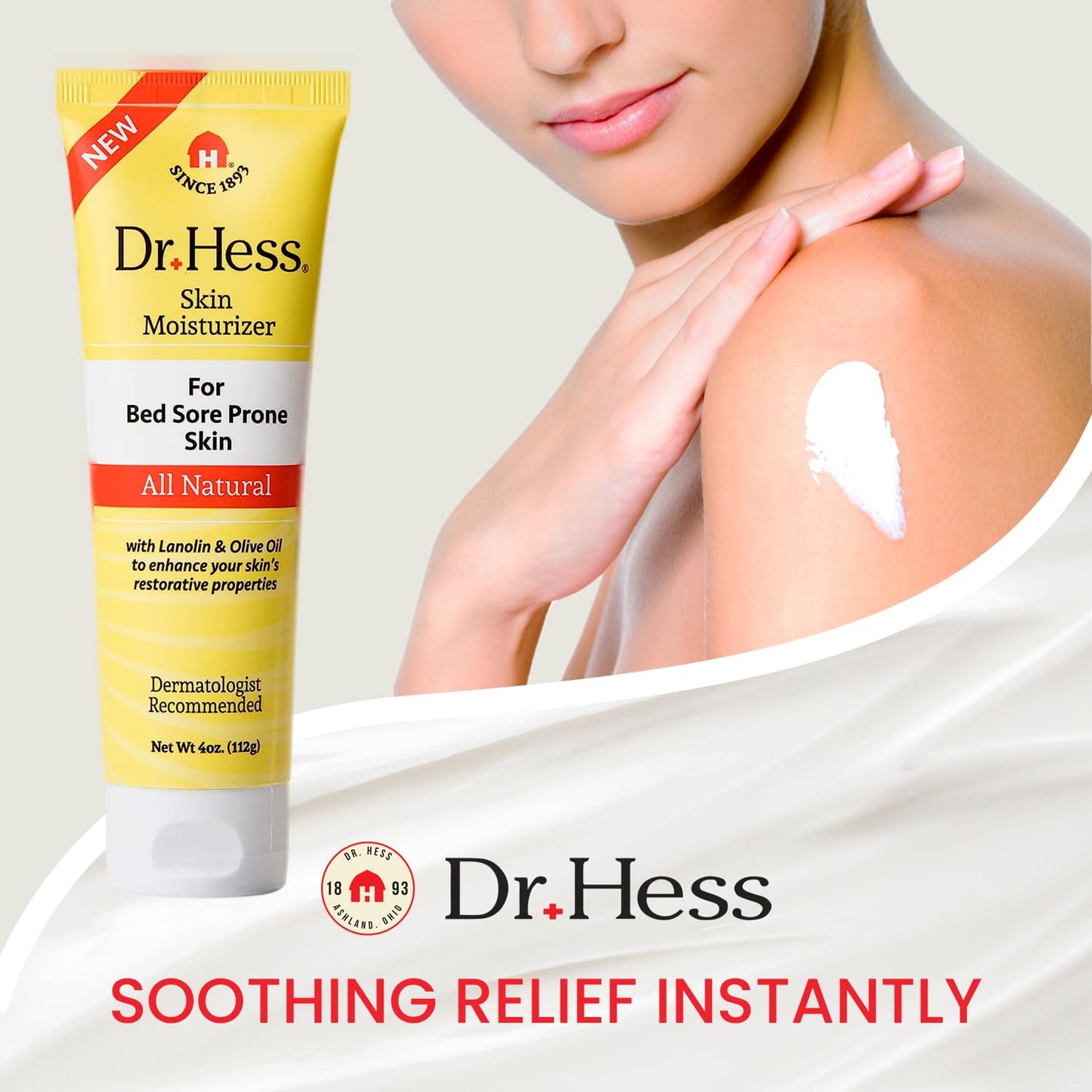 Dr. Hess Skin Moisturizer for Bed Sore Prone & Dry Skin, All Natural with Lanolin, Olive Oil, Jojoba Oil & Beeswax, Paraben & Sulfate Free, Hydrating Body & Face Cream, 4 oz, 2 Pack