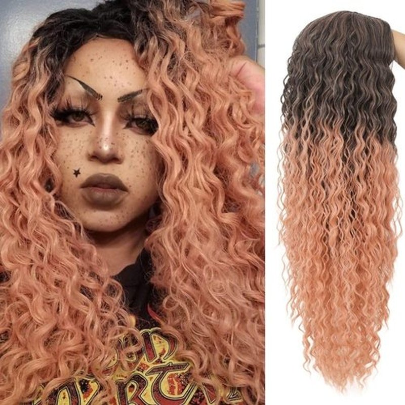Tseses Ombre Pink Long Curly Wigs for Black Women Natural Fluffy Afro Synthetic Fibre Wig Cosplay Halloween Hair Wigs(Brown and Pink)