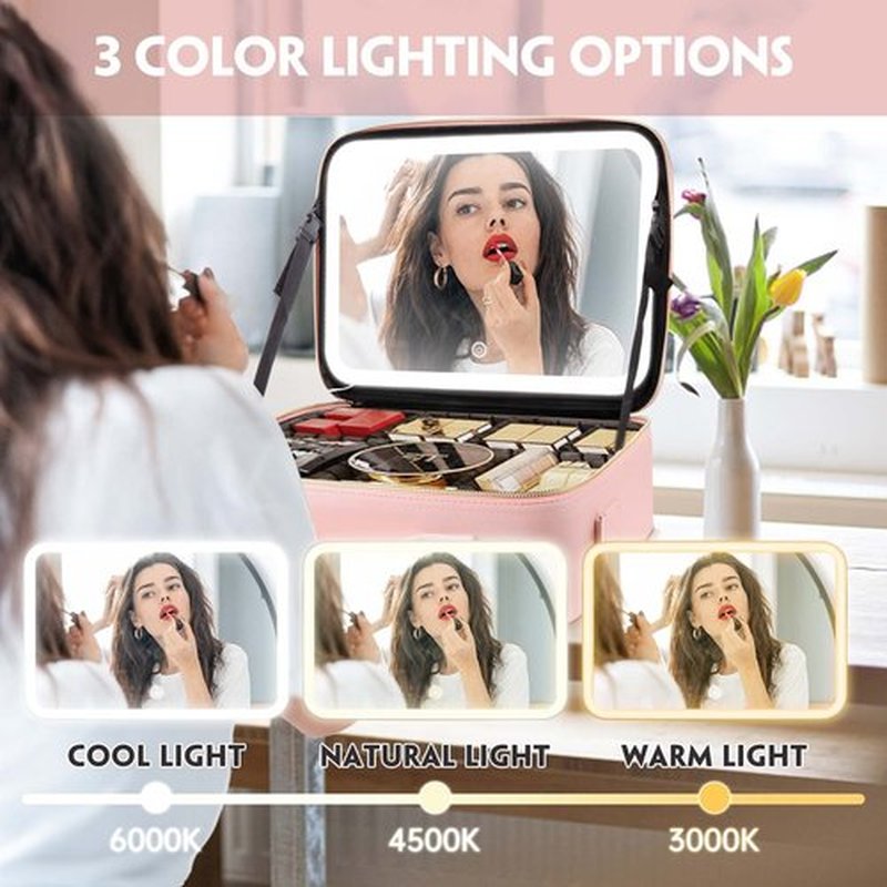 Smacen Large capacity Cosmetics Train Case with LED Lighted Mirror Rechargeable 3 Color Lights Adjustable Brightness Portable Makeup bag with Adjustable Dividers and Shoulder Straps (Pink)