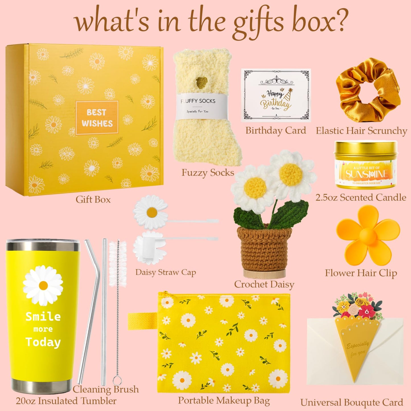 TFHESIRUUTFH Gift Basket for Women, Birthday Self Care Package with 20oz Tumbler, Scented Candle, Makeup Bag, Socks, Hair Accessories, Yellow Daisy-Themed Gift Set for Mom, Sister, Wife, Best Friend