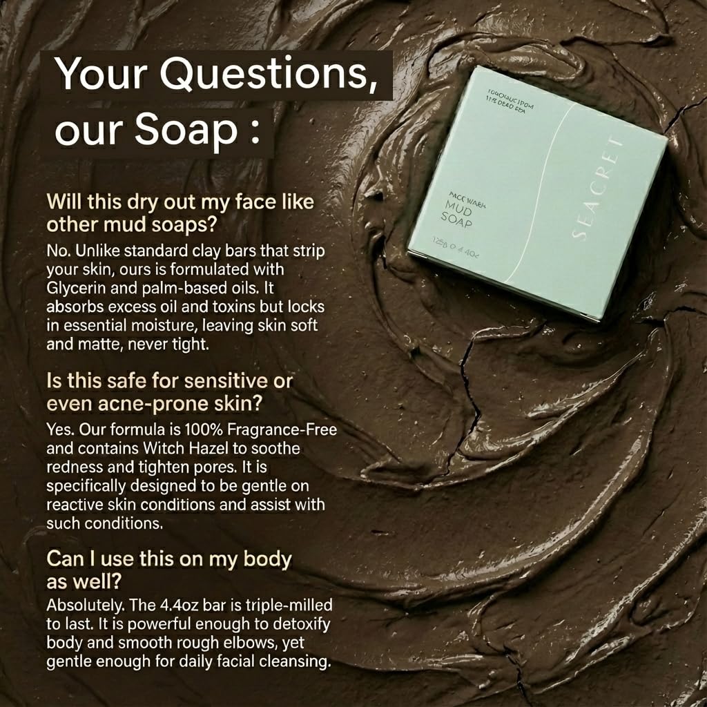 SEACRET Dead Sea Mud Soap Bar & Foaming Net - Deep Pore Purifying & Refining Facial Cleanser with Minerals and Witch Hazel, Natural Spa Bar for Normal to Oily Skin, Fragrance-Free, 4.4 Oz / 125 g