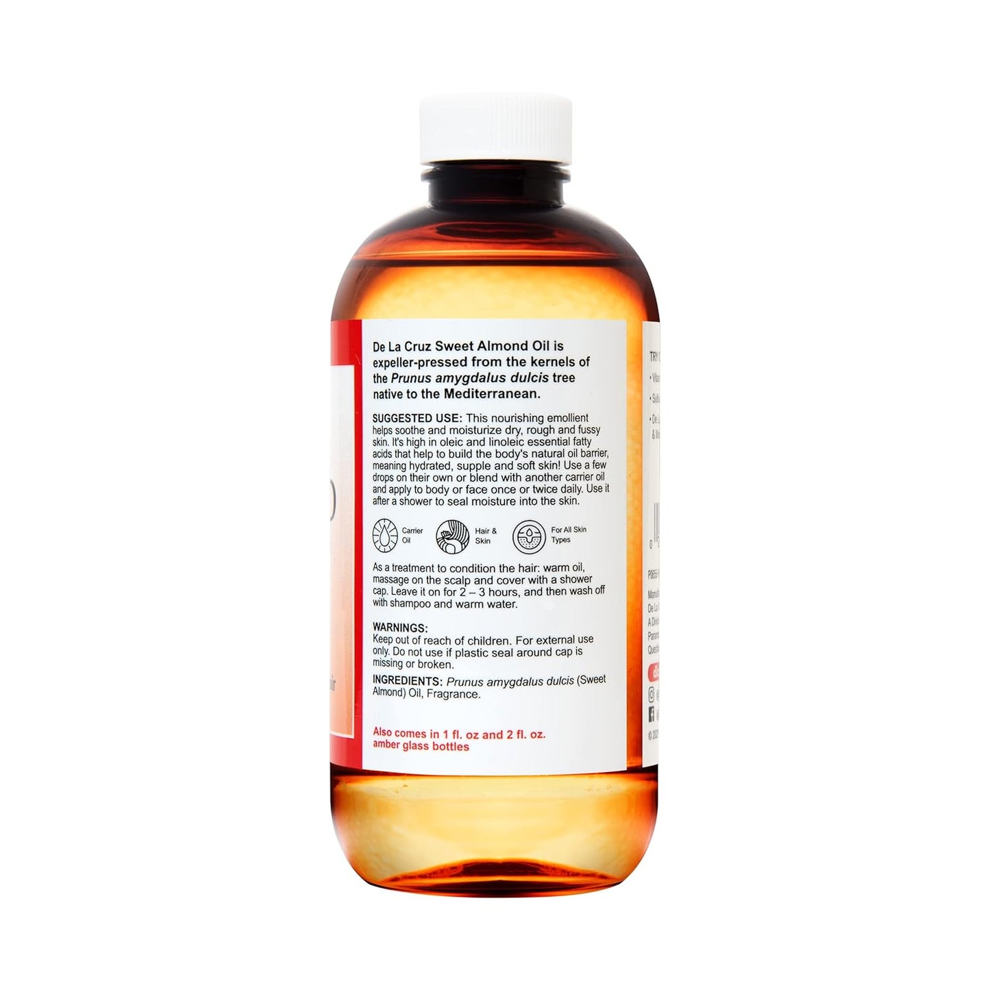 De La Cruz Sweet Almond Oil 2 FL OZ - Expeller Pressed for Skin & Hair - 6 Pack