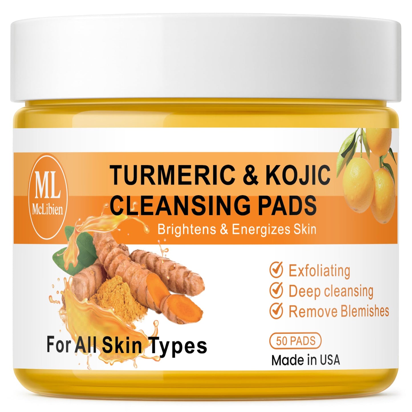 Turmeric Kojic Clarifying Pads – Exfoliating & Brightening pads with Vitamin B3, Vitamin C, & E for Dark Spots, Acne & Daily Skin Care for Face - All Skin Types (50 Pads)