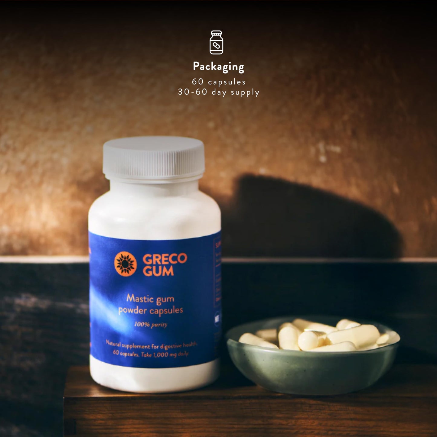 Greco Gum - Mastic Gum Capsules 500 mg – Greek Chios Mastiha Supplement for Gut Health, Digestive Support and Bloating Relief – Pure Mastic Gum Powder – Vegan, Gluten-Free, No Fillers – 60 Count