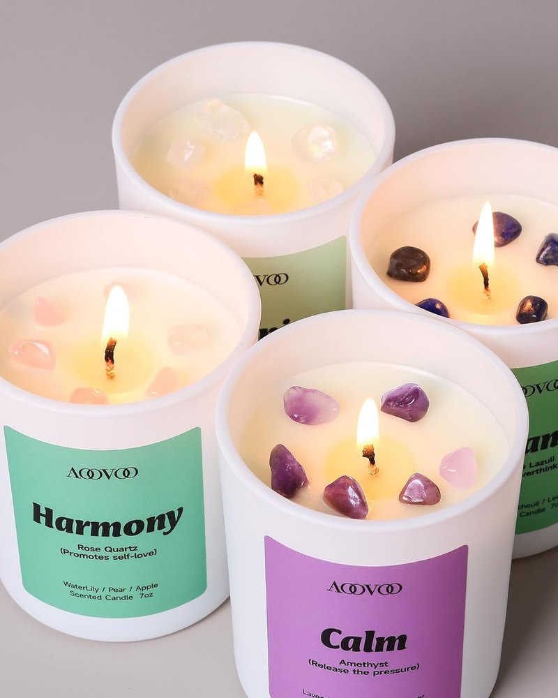 Calm Candles Set - Aromatherapy Scented Candles for Home | 4 Pack, 28 oz, 200 Hour Burn, Crystals Included