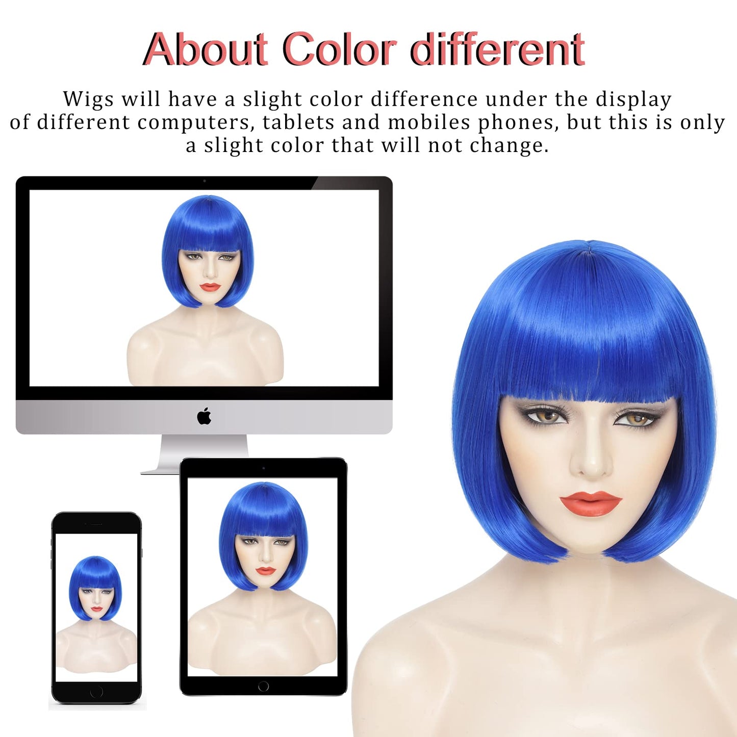 YBYMCAI Blue Bob Wig With Bangs Short Blue Bob Wigs For Women Straight Bob Bangs Wig 10 Inch Heat Resistant Synthetic Hair Natural Looking For Daily Party Use