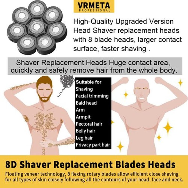 VRMETA Head Shaver Replacement Heads Floating Shaver Blades 8D Sharp Stainless Steel Men's Electric Shaver Replacement Heads for Electric Rotary Shaver (8 heads (Black)