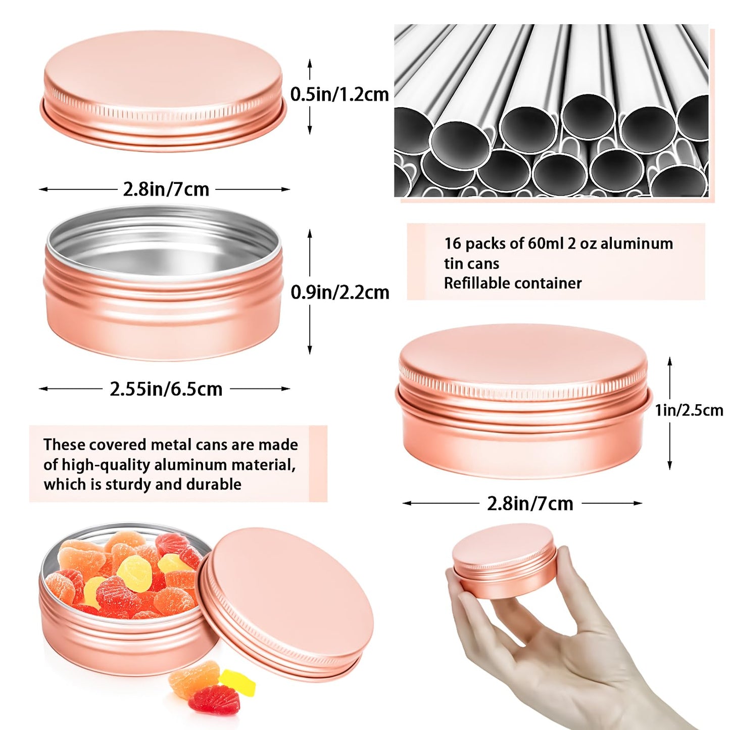 MotBach 16 Pack 2oz Tin Jars, 60ml Metal Tin cans, 2Ounce Aluminum tin can jar Containers with Screw Lid for Lotion Bars, Toiletries, Creams, Samples, Makeup Cosmetic, Spices, Salve, Balms, Beard Balm
