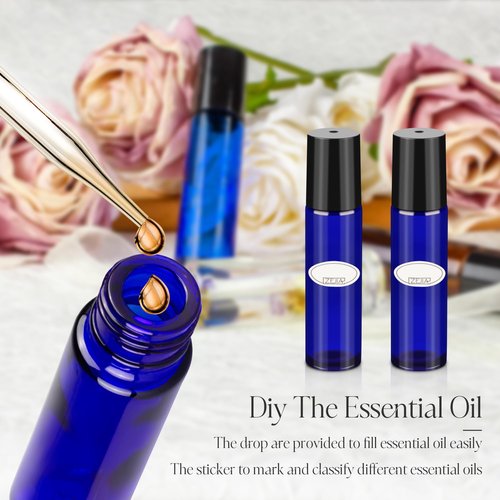 ZEJIA 10ml roller bottles for essential oils, 6 Pack Roll on Bottles, Cobalt Blue Thick Glass Roller Bottles for Oils, with Stainless Steel Roller Balls, 2 Droppers