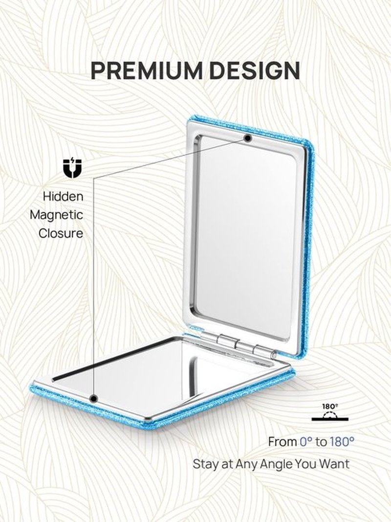 OMIRO Compact Mirror, Glitter PU Leather 1X/3X Magnification, Ultra Portable for Purses, 2.4" W x 3.4" L (Blue)