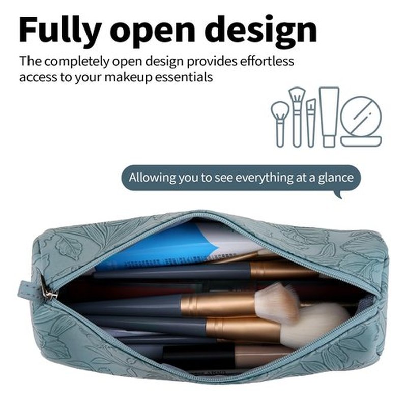 2pcs Set PU Leather Cosmetic Bag for Women - Floral Makeup Bag Portable Storage Purse for Makeup (Z-Blue-2 Case)