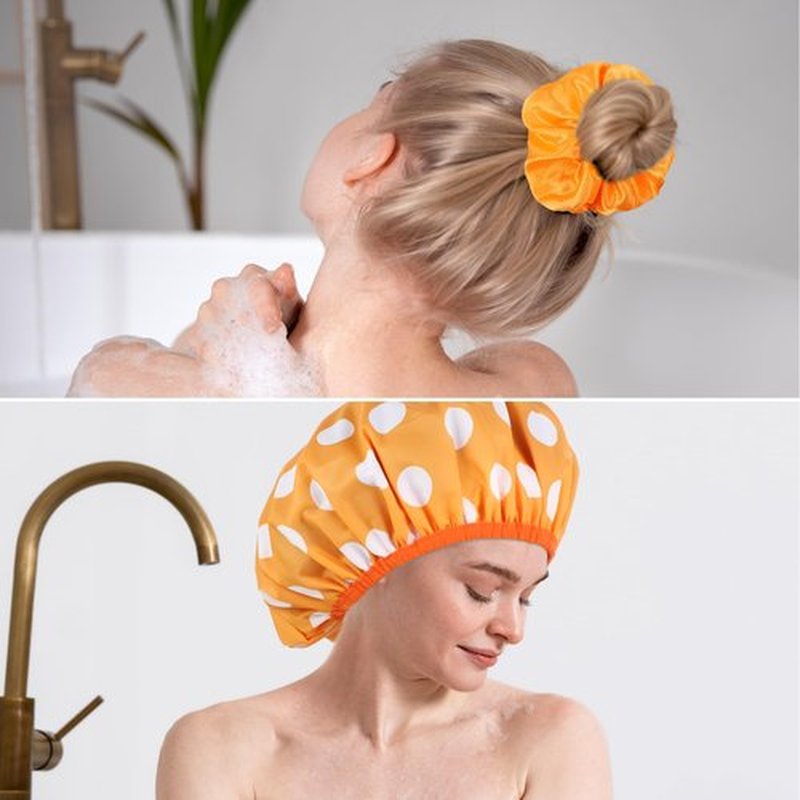 2 Sets Large Shower Caps for Women, Waterproof Shower Cap Double Layers Bath Caps Stocking Stuffers for Women Long Thick Hair (Purple/Orange)